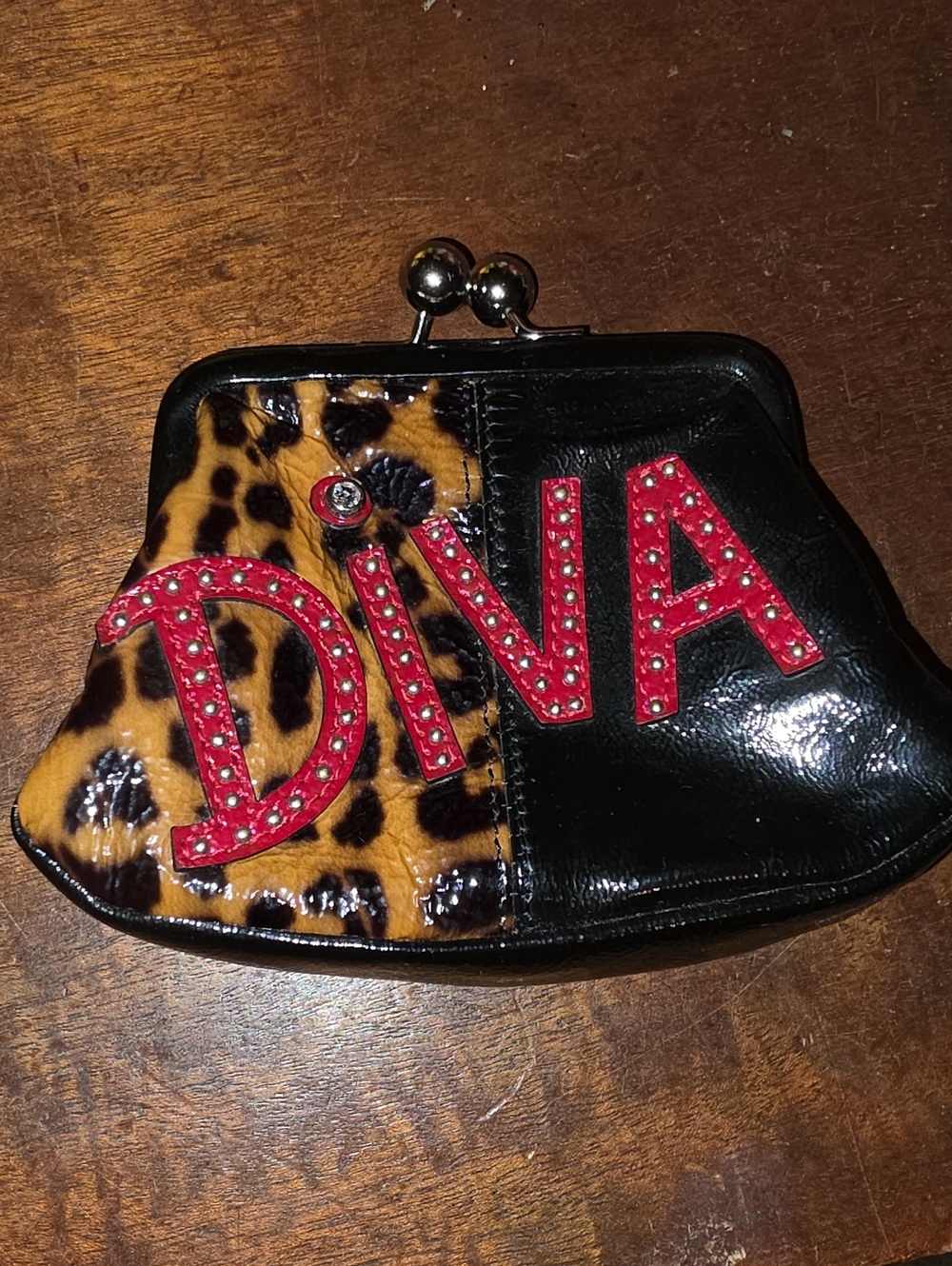 Brighton Leopard & Black Leather "DIVA" Studded Kiss-Lock Coin Purse Pouch